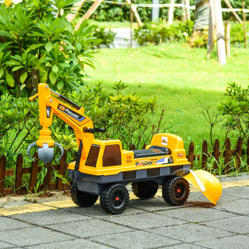 Qaba No Power 2 in 1 Ride On Excavator with Helmet and Claw, Construction Truck Set, Multi-Functional Digger with Storage, Light and Music, Yellow