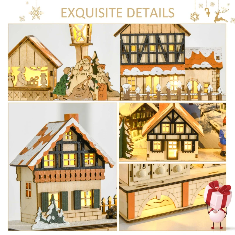 HOMCOM Christmas Advent Calendar, Light Up Table Xmas Wooden Store Holiday Decoration with Countdown Drawer, Village, for Kids and Adults, Natural