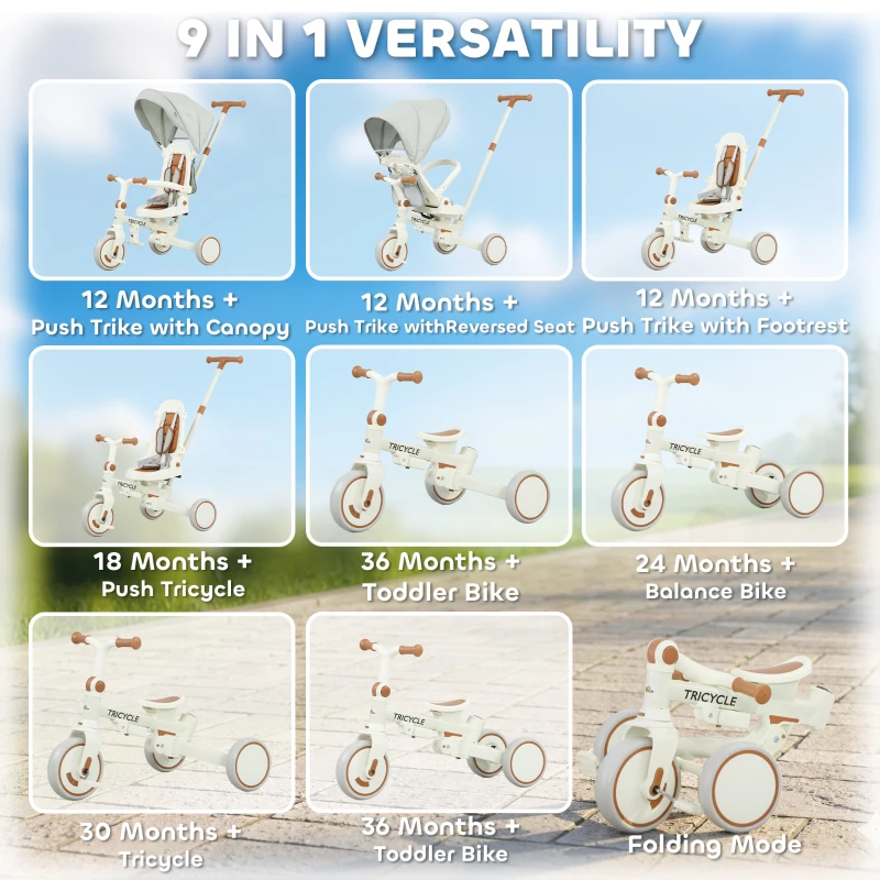 Qaba 7 in 1 Toddler Tricycle w/ Safety Harness, Adjustable & Removable Parent Handle, Canopy, Storage Bag, Brake, Cream White