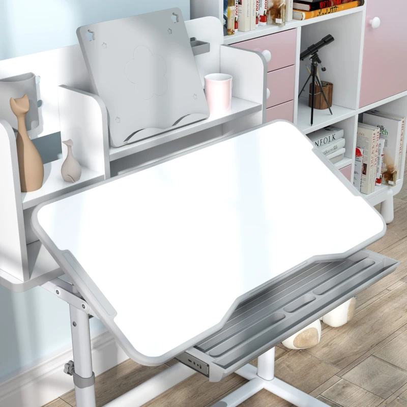 Qaba Height Adjustable Kids Desk and Chair Set for Writing Drawing w/ Tilt Desktop, Storage Drawer and Reading Rack, Gray
