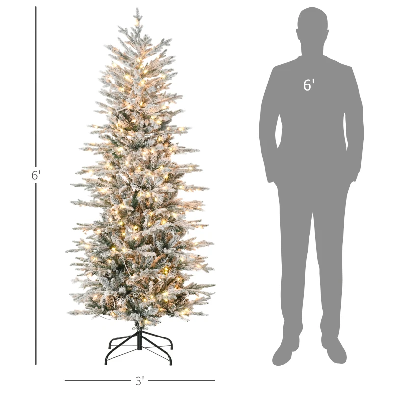 HOMCOM 6' Pre Lit Artificial Flocked Christmas Trees, with Snow Branches, Warm Yellow Clear Lights, Auto Open, Extra Bulb