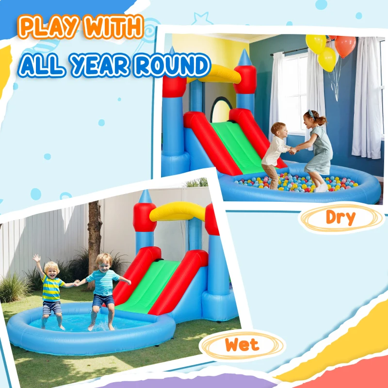 Qaba 4 in 1 Inflatable Bounce House with Slide, Basketball Hoop, Ball Pit, 370W Blower, Storage Bag, 163" x 81" x 75"