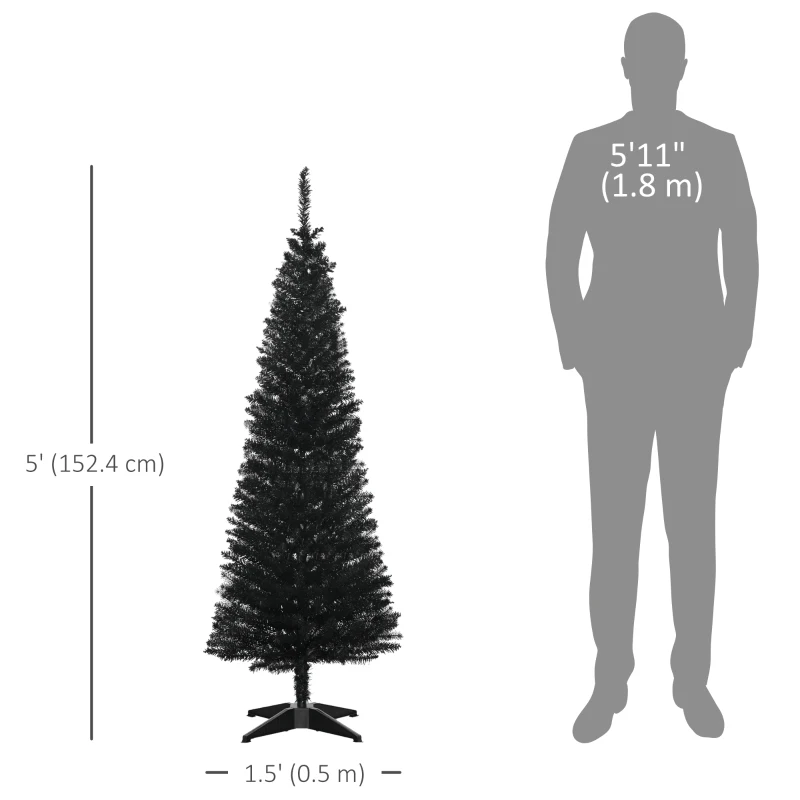 HOMCOM 5FT Artificial Christmas Tree, Pencil Christmas Tree with Realistic Branches, Stable Stand, Black