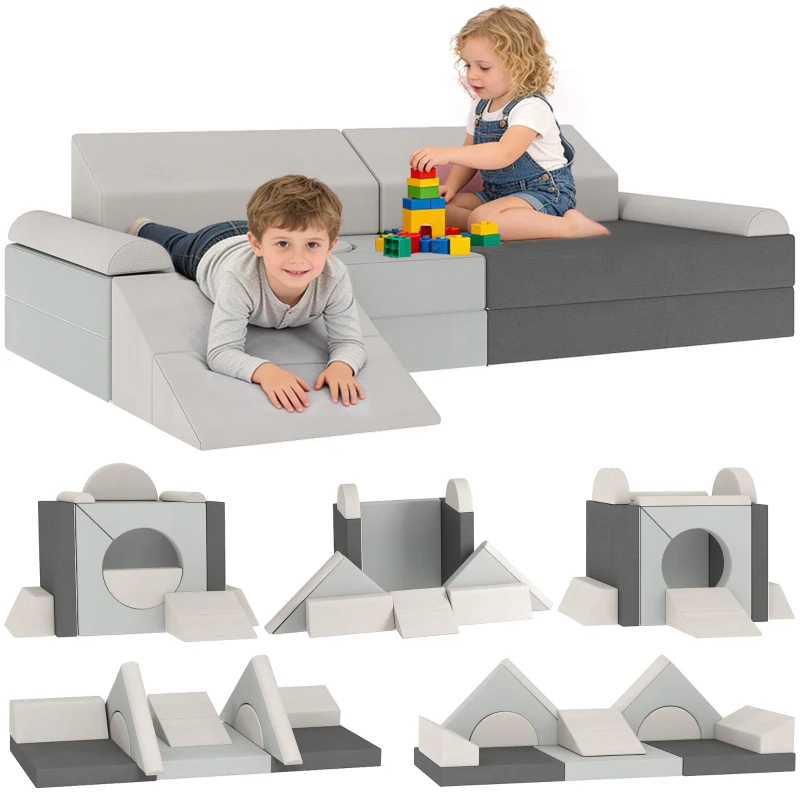 Qaba 12 PCS Modular Kids Play Couch, Child Sectional Sofa for Toddlers, Convertible Foam and Floor Cushion, Grey