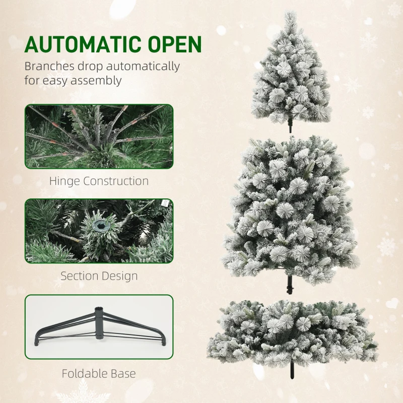 HOMCOM 7.5 ft Prelit Flocked Artificial Christmas Tree with 500 Clear Lights, 1530 Tips, Metal Stand for Home Office Holiday