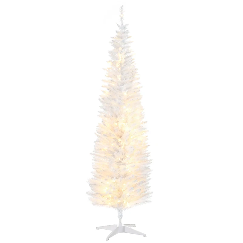 HOMCOM 6ft Pencil Christmas Tree, Slim Artificial Christmas Tree with Realistic Branches and Warm White LED Lights, White