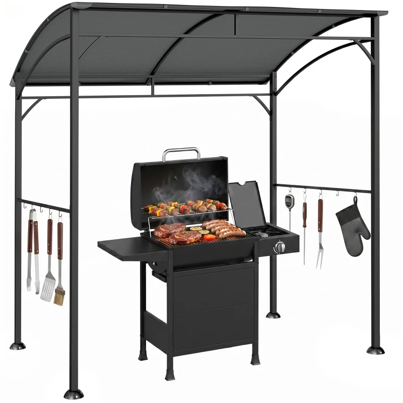 Outsunny 7' x 5' Garden Grill Canopy, BBQ Grill Gazebo Tent with Steel Frame and Hooks, Outdoor Sun Shade, Charcoal Grey