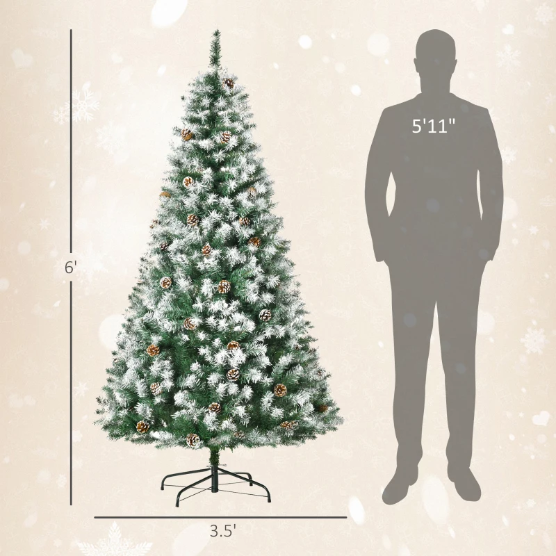 HOMCOM 6ft Unlit Snow-Dusted Full Fir Artificial Christmas Tree with Realistic Branches, 61 Pine Cones and 800 Tips