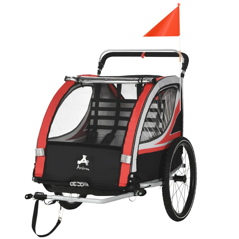 Aosom 3-in-1 Bike Trailer for Kids, Running Stroller with 2 Seats, Jogging Cart with 5-Point Harness, Storage Units, Red