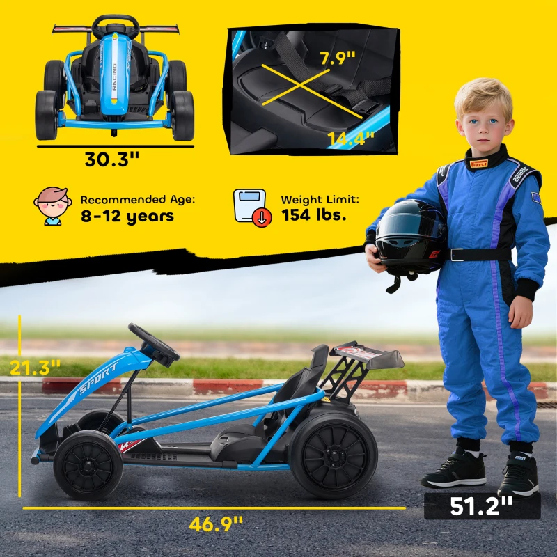 Qaba 24V 7AH Kids Electric Go Kart, 8.1 MPH Battery Powered Drift Kart with Dual Motors, Soft Start for 8-12 Years, Blue
