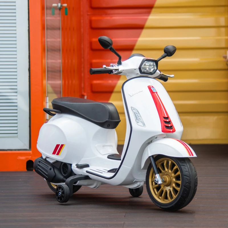 Qaba Vespa Licensed Kids Motorcycle 6V Toddler Motorcycle with Music, FM Radio, Headlight, WHite