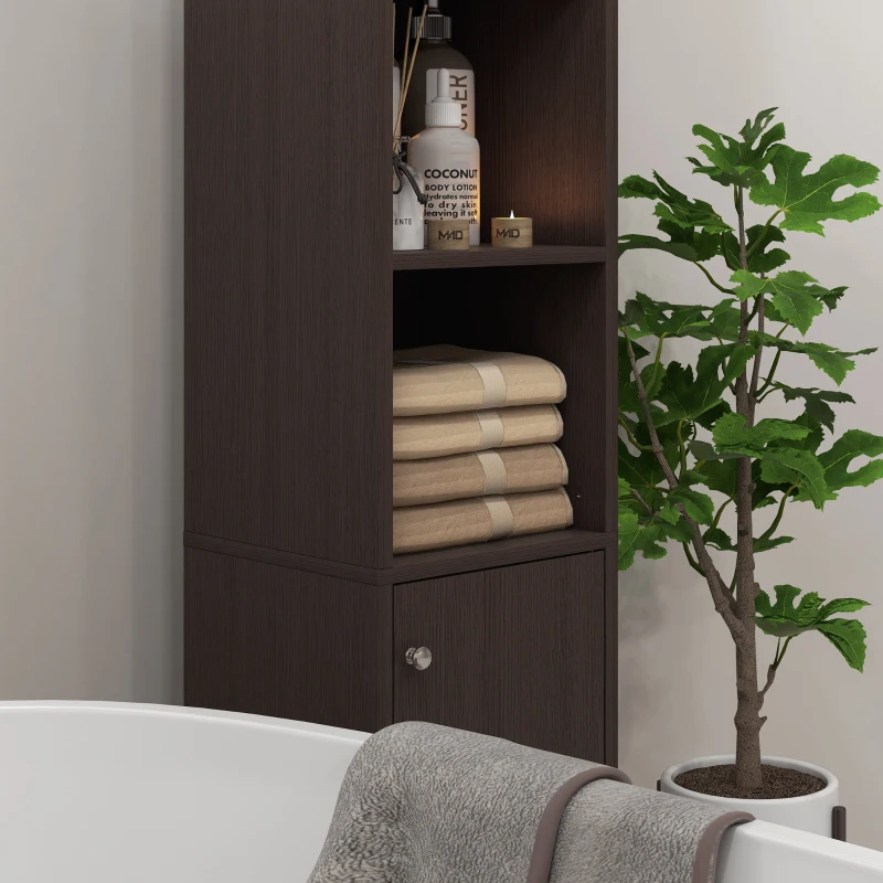 kleankin Tall Bathroom Cabinet w/ Mirror, Narrow Bathroom Storage Cabinet, Slim Linen Tower w/ Doors & Adjustable Shelves, Coffee