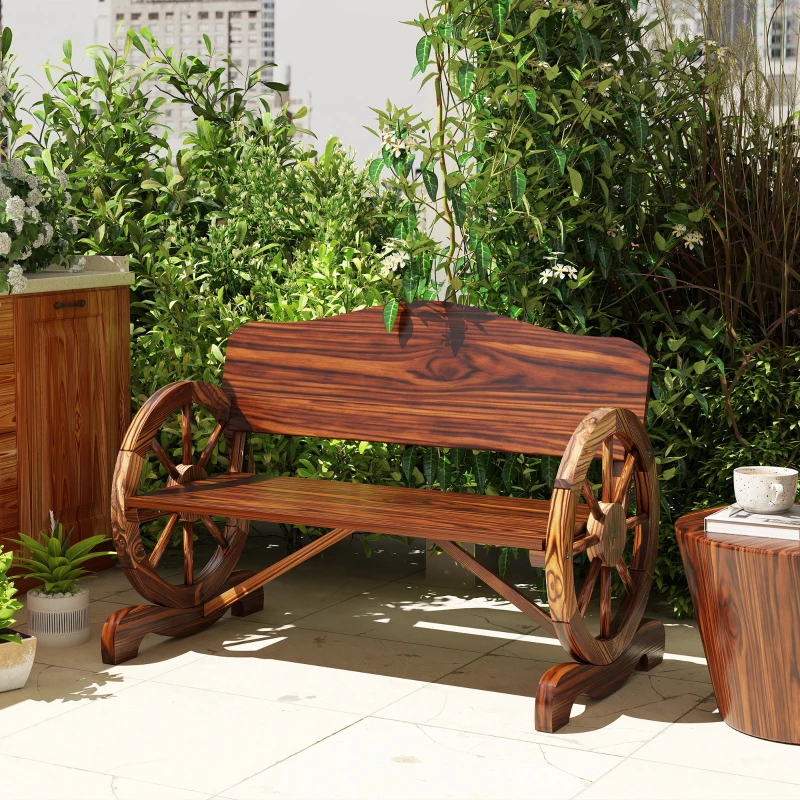 Outsunny Wooden Outdoor Bench, Garden Patio Loveseat with Wagon Wheel Armrests, 528LBS Capacity, Carbonized