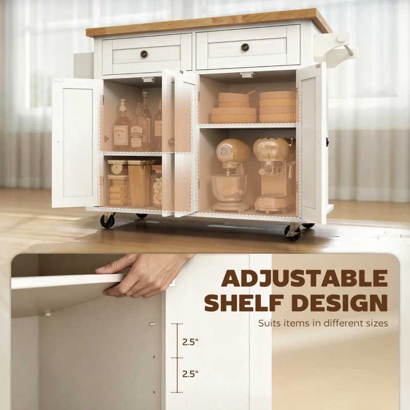 HOMCOM 44" Mobile Kitchen Island Table, Kitchen Island Cart on Wheels with Storage Cabinets, 2 Drawers, White