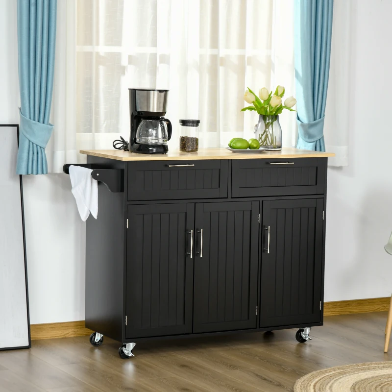 HOMCOM Mobile Kitchen Island with Storage, Kitchen Cart with Wood Top, Storage Drawers, 3-door Cabinets, Adjustable Shelves and Towel Rack, Black