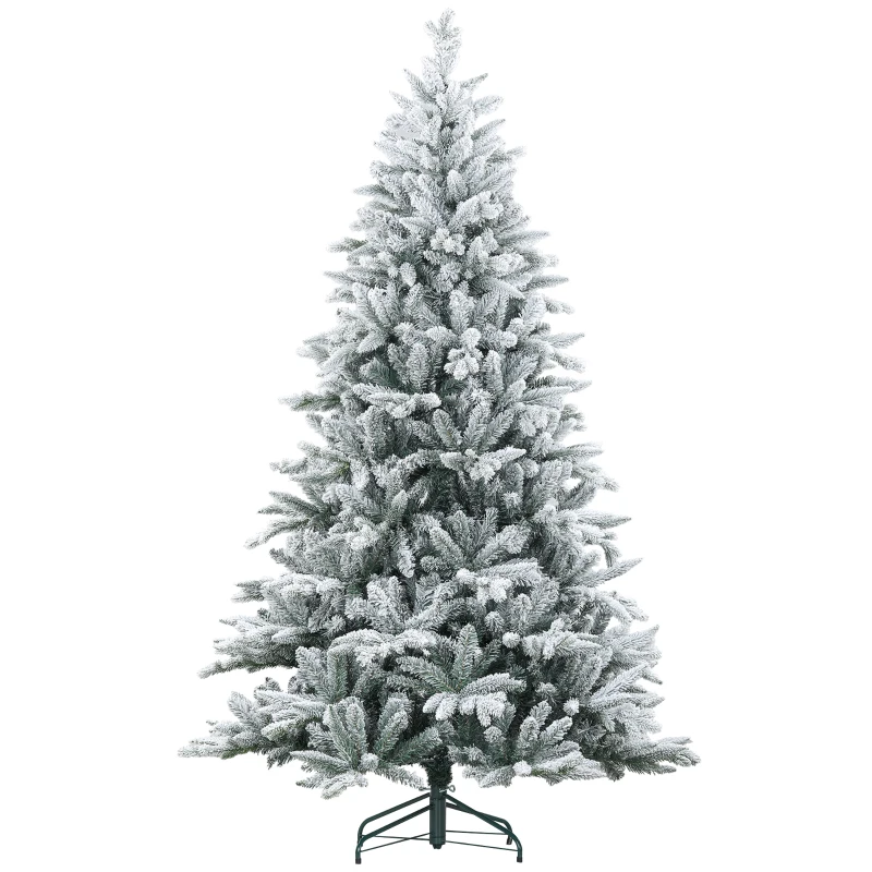 HOMCOM 7ft Artificial Flocked Christmas Tree with Snow Tips, Easy Assembly, Hinged Xmas Tree for Home Office Holiday