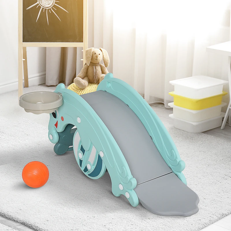 Qaba 3-in-1 Kids Portable Slide Rocking Horse Toy with Basketball Hoop for Age 1.5-3 Boys and Girls, Mint Green