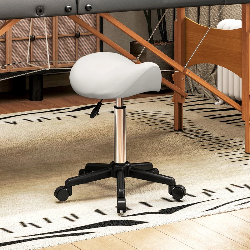 HOMCOM Saddle Stool, Adjustable Rolling Stool, White