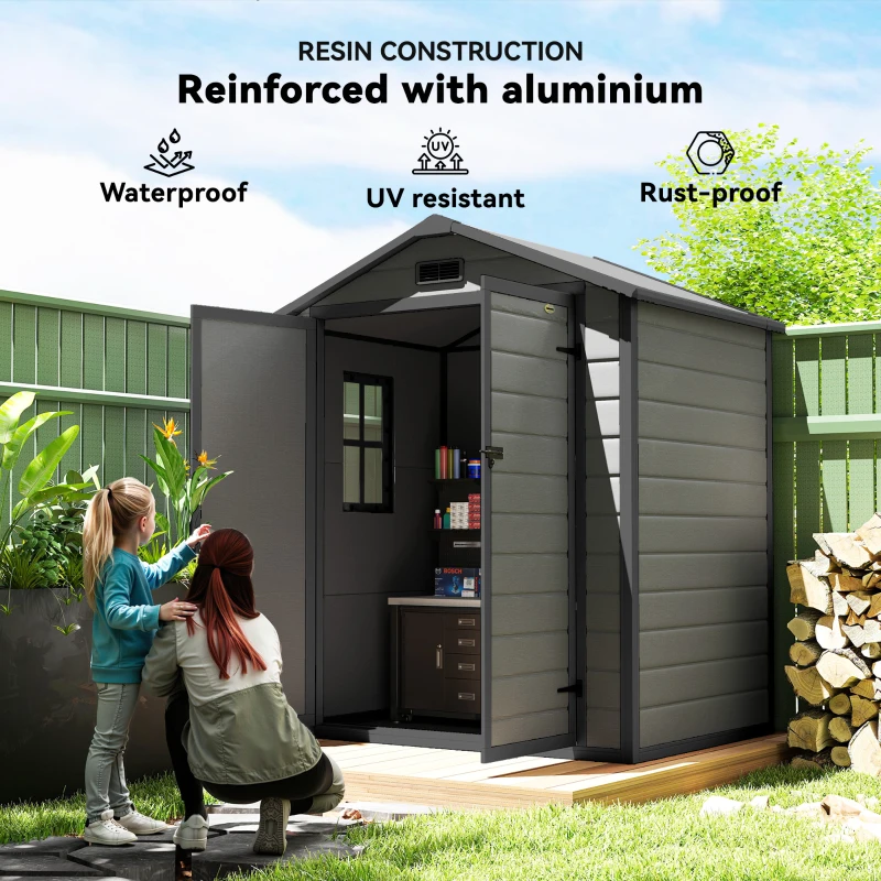 Outsunny 6x4.5FT Plastic Shed, Lockable Garden Tool Storage House with Double Doors and Vent, Grey