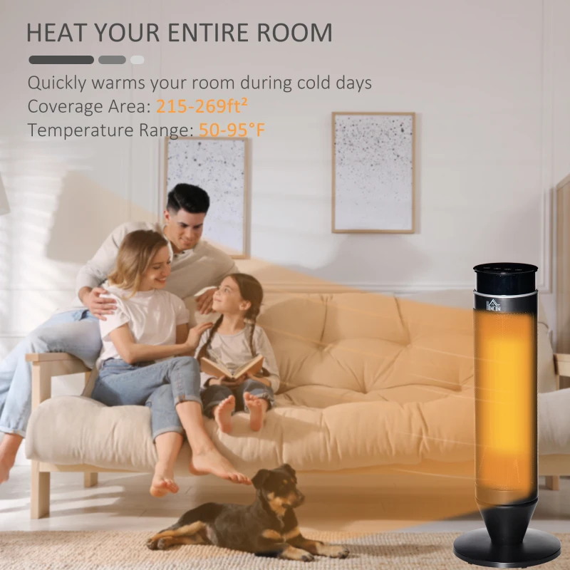 HOMCOM 2-In-1 Tower Heater, Indoor Electric Space Heater with Oscillation, Remote Control, 8H Timer, Three Heating Modes(High, Low, Fan), 750W/1500W