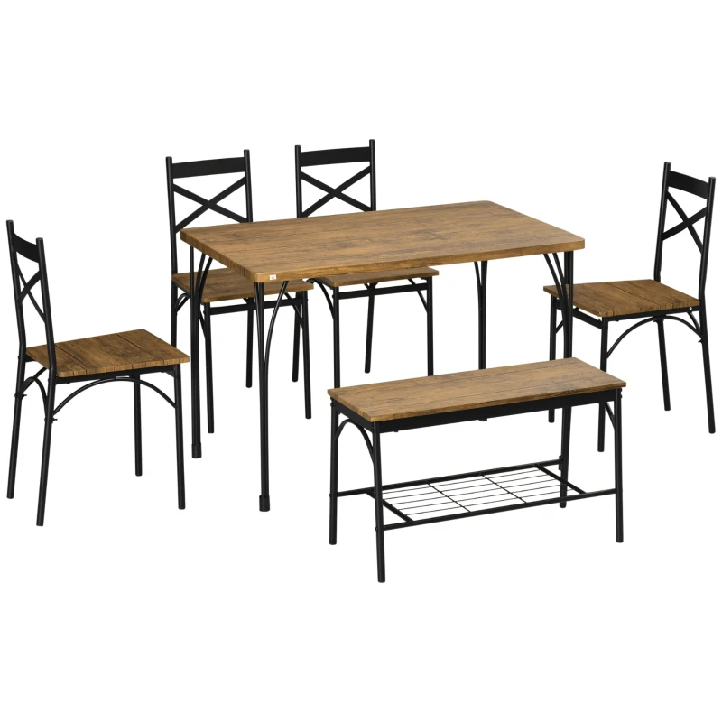 HOMCOM Industrial Dining Table Set for 6 People, 6 Piece Kitchen Table and Chairs Set, Dinner Table with Bench, Steel Frame and Storage Shelf, Dinette Set, Rustic Brown