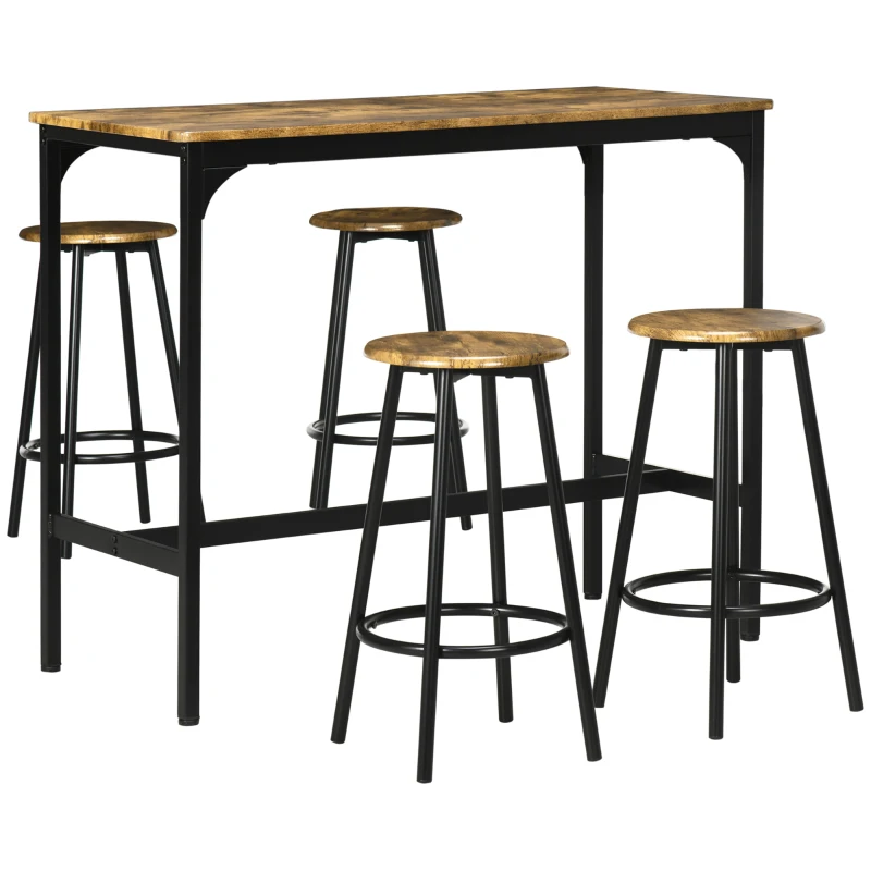 HOMCOM 5-Piece Counter Height Bar Table and Chairs Set, Bar Table with Stools, Kitchen Table 4 Chairs, Rustic Brown