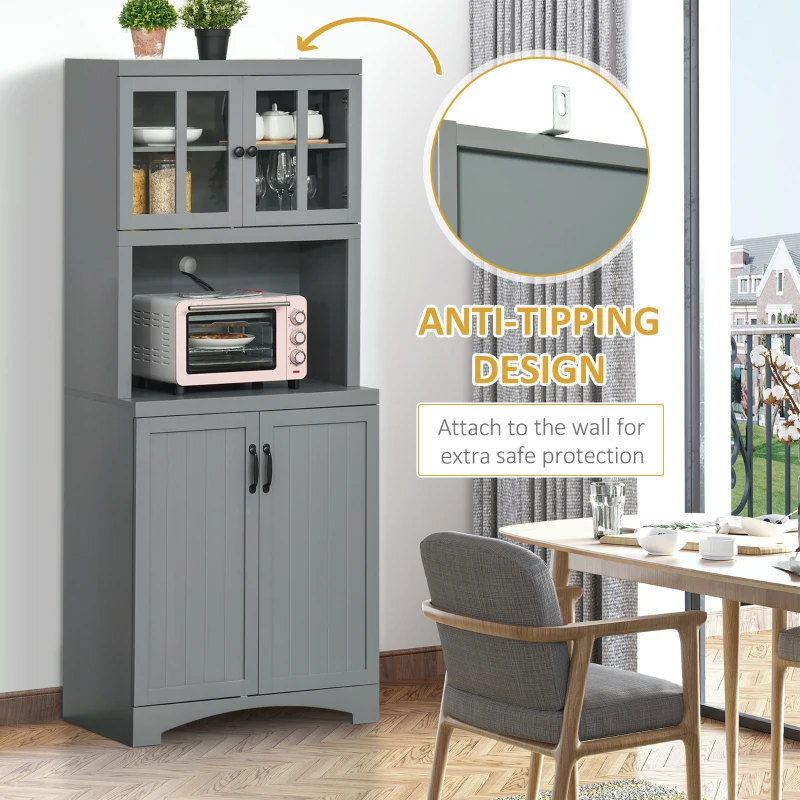 HOMCOM Storage Cabinet with Adjustable Shelves and Microwave Space, 70" Pantry Cabinet with Glass Framed Door, Gray
