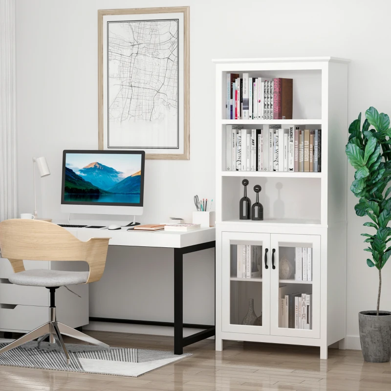 HOMCOM 71" Bookcase Storage Hutch Cabinet with Adjustable Shelves and Glass Doors for Home Office, Kitchen, Living Room, White