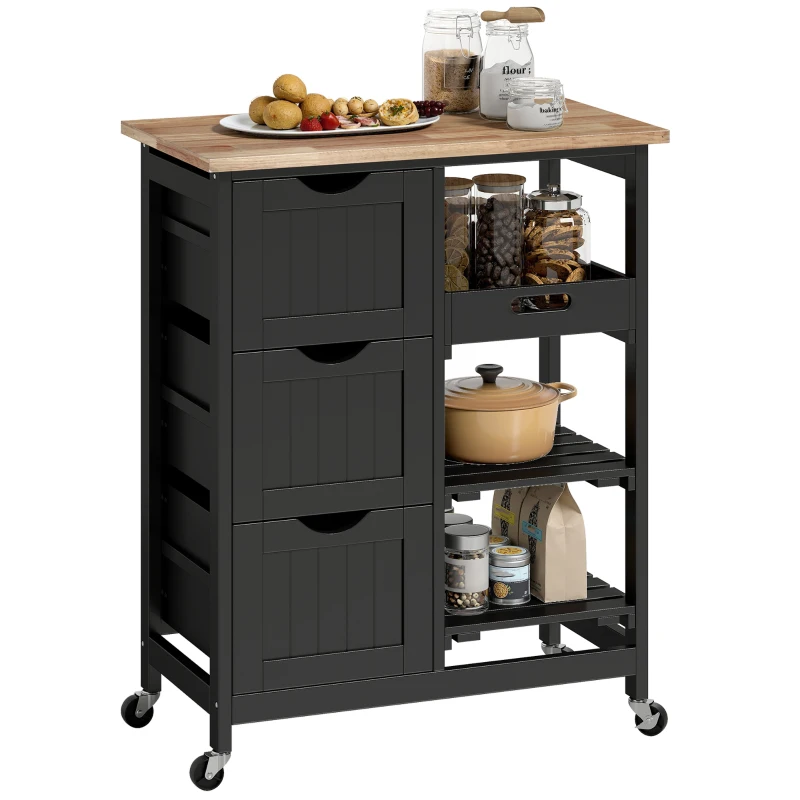 HOMCOM Kitchen Cart on Wheels, Rolling Kitchen Island Cart with Wood Top, 3 Drawers and Shelves for Home Dining Area, Black