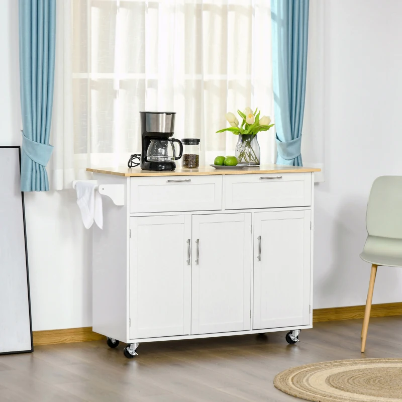 HOMCOM 48" Kitchen Island with Storage and Solid Wood Top, Rolling Kitchen Cart on Wheels with 2 Storage Drawers, 3 Doors and Towel Rack for Dining Room, White