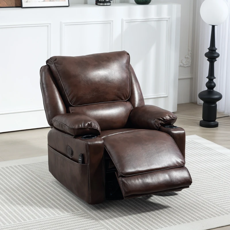 HOMCOM Recliner Massage Armchair with Heat Oversized Swivel Rocker with Footrest Remote and Side Pockets Brown