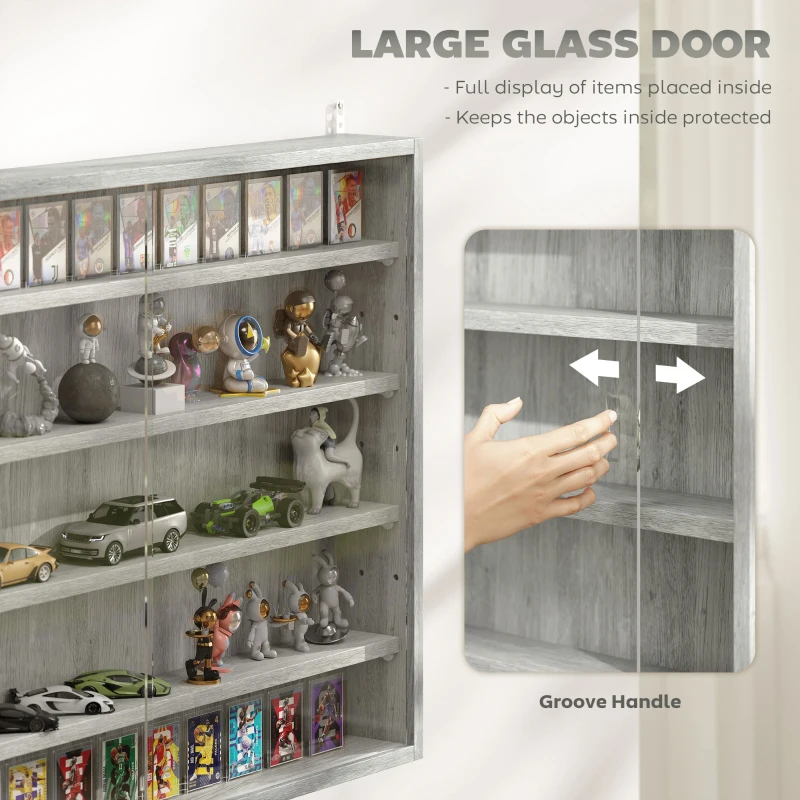 HOMCOM 5-Tier Display Cabinet, Wall-Mounted Display Case with 2 Glass Doors and Adjustable Shelves, Gray