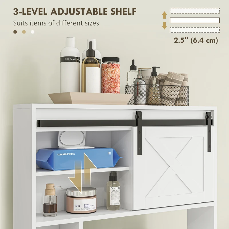 HOMCOM Over-Over The Toilet Storage Shelf with Sliding Barn Door, Bathroom Cabinet with Compartments & Adjustable Shelf, White