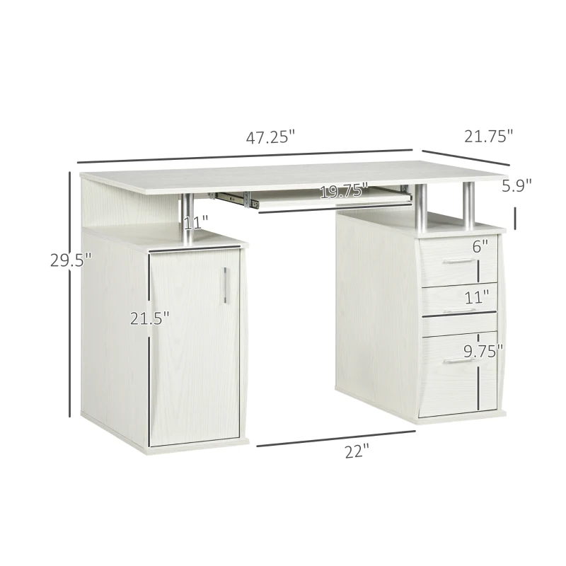 HOMCOM 47" Computer Desk with Keyboard Tray and Storage Drawers, Home Office Workstation Table with Storage Shelves, White Wood Grain