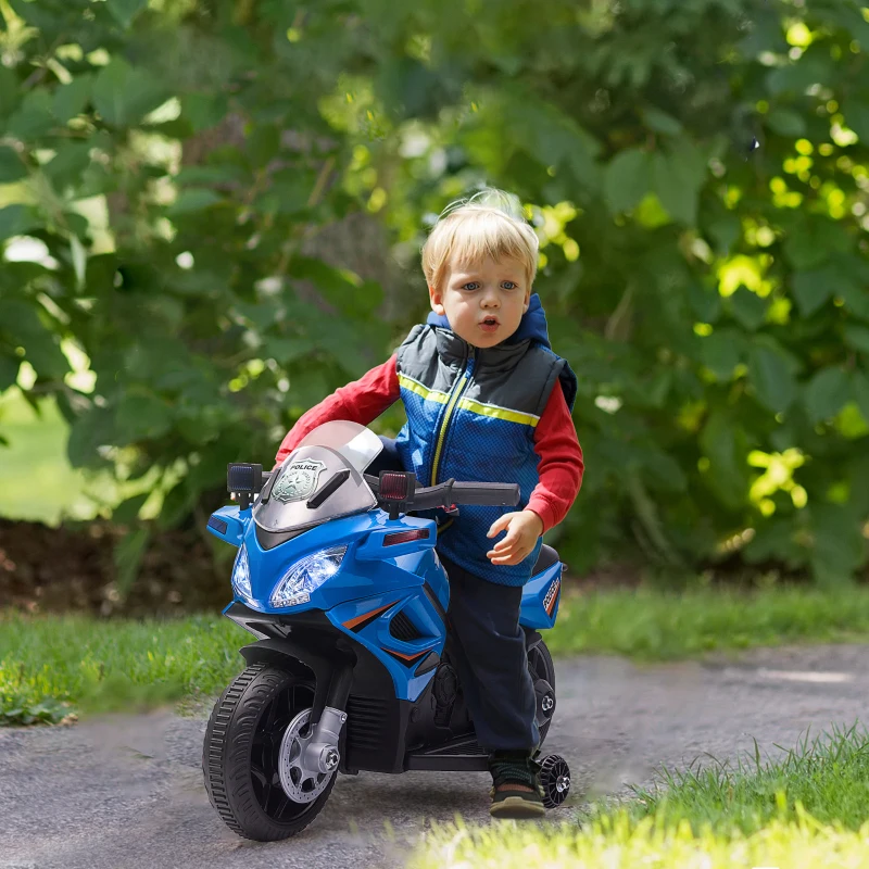 Aosom 6V Kids Motorcycle Police Electric Ride-On Dirt Bike Off-road Street Bike Battery Powered Rechargeable Horn Headlights Training Wheels Realistic Sounds for Girls and Boys 18 - 36 months Blue