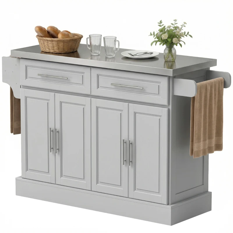 HOMCOM Rolling Kitchen Island Cart with 47" Stainless Steel Top, Portable Island Table for Kitchen with Wheels, Adjustable Shelves, 2 Drawers, Spice, Knife and Towel Rack, Gray