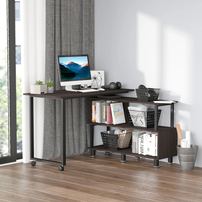 HOMCOM Mobile L-Shaped Rotating Computer Desk with Storage Shelves Moveable Rolling Writing Table Home Office Study Workstation for Home Office, Coffee