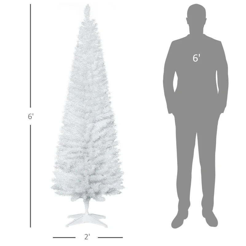 HOMCOM 6ft Unlit Pencil Artificial Christmas Tree with Realistic Branches and 390 Tips, Plastic Base, White
