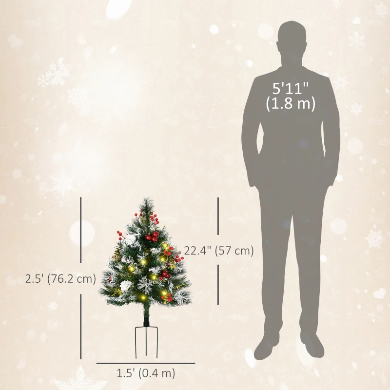 HOMCOM 2 Foot/23 inch 2 Pack Prelit Artificial Christmas Tree Cordless with 70 Branches, Warm White LED lights, Red Berries, Pine Cones, Balls, for Outdoor Entryway, Green