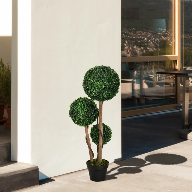 HOMCOM 35 Inch Potted Fake Plant, Artificial Boxwood Topiary Tree, Triple Ball Tree for Indoor and Outdoor, Dark Green