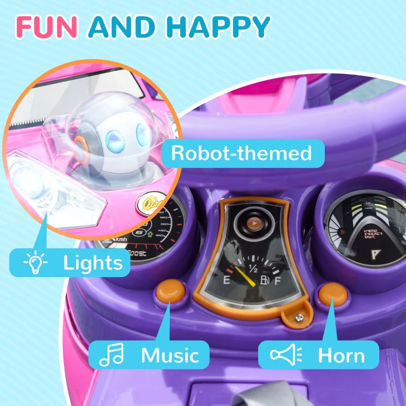 Qaba 3 in 1 Push Car Sliding Car with Removable Handle, Music, Horn, Canopy, Safety Guardrail, Pink