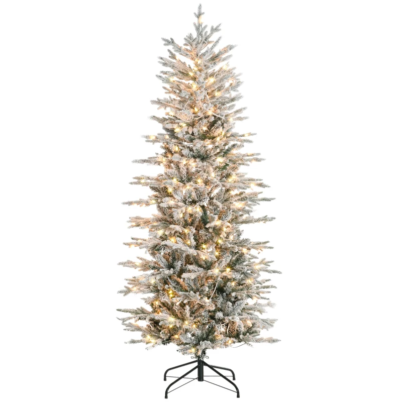 HOMCOM 6' Pre Lit Artificial Flocked Christmas Trees, with Snow Branches, Warm Yellow Clear Lights, Auto Open, Extra Bulb