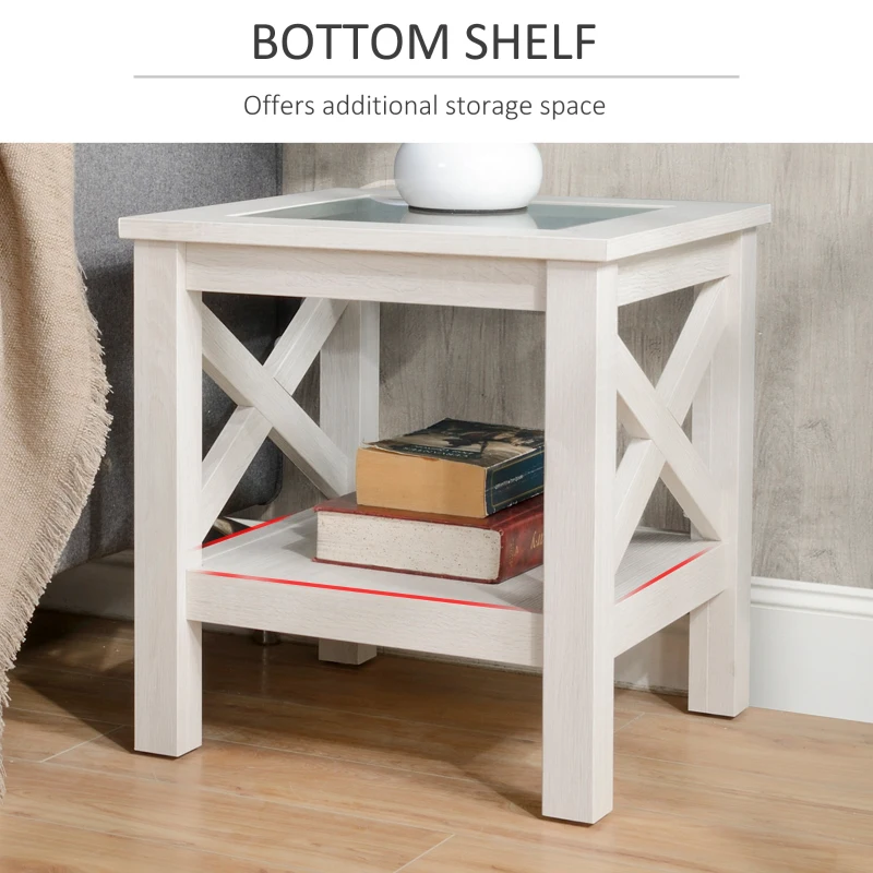HOMCOM Coffee Table with Tempered Glass Tabletop, Living Room Table with Wood Frame and Underneath Storage Shelf, White Oak