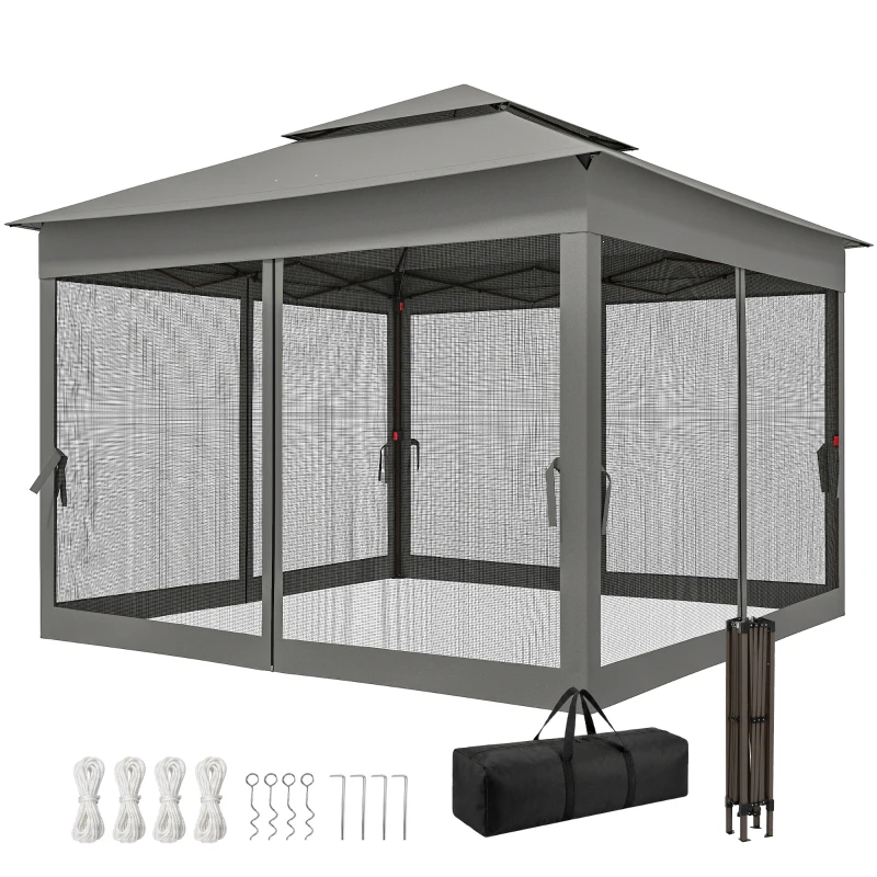 Outsunny 11' x 11' Pop Up Gazebo 2-Tier Soft Top Shelter Event Tent w/ Netting Carry Bag for Patio Backyard Garden, Dark Grey