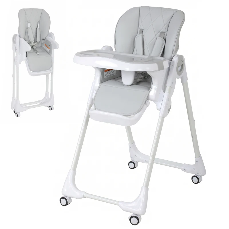Qaba High Chair with Wheels, Double Tray, Foldable Baby Seat with Adjustable Seat Height, Backrest, Footrest and Tray, Grey