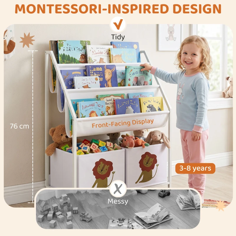 Qaba Kids Bookshelf, 3-Tier Sling Bookshelf with Toy Storage, Montessori Toy Organizer with Non-Woven Drawers for Kids Room