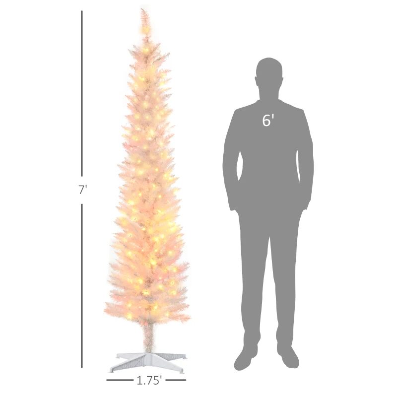 HOMCOM 7' Prelit Christmas Trees, Pencil Artificial Christmas Tree with Colorful Surface Branches, Colorful LED Lights, White