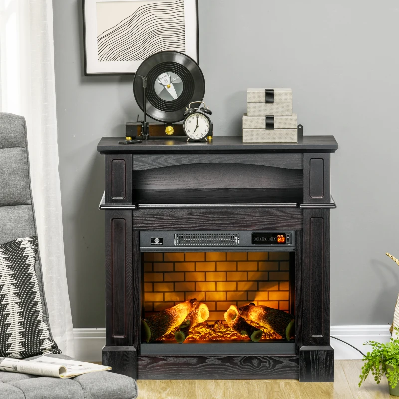 HOMCOM 32" Electric Fireplace with Mantel, Freestanding Heater with LED Log Flame, Shelf and Remote Control, 1400W, Brown