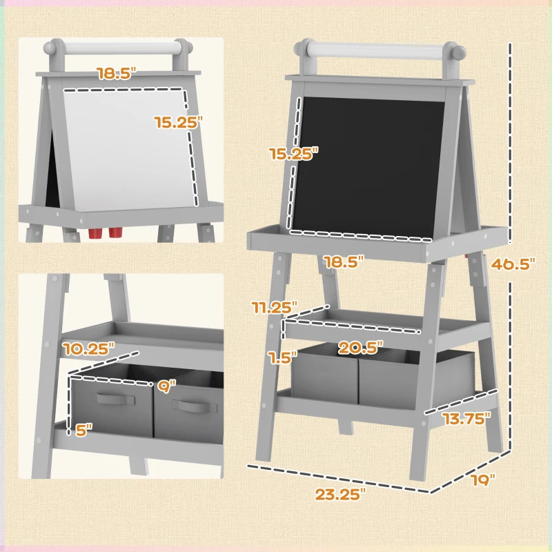 Qaba Double Sided Easel for Kids, Standing Toddler Easel with Paper Roll, Magnetic Whiteboard, Chalkboard & Storage, Gray