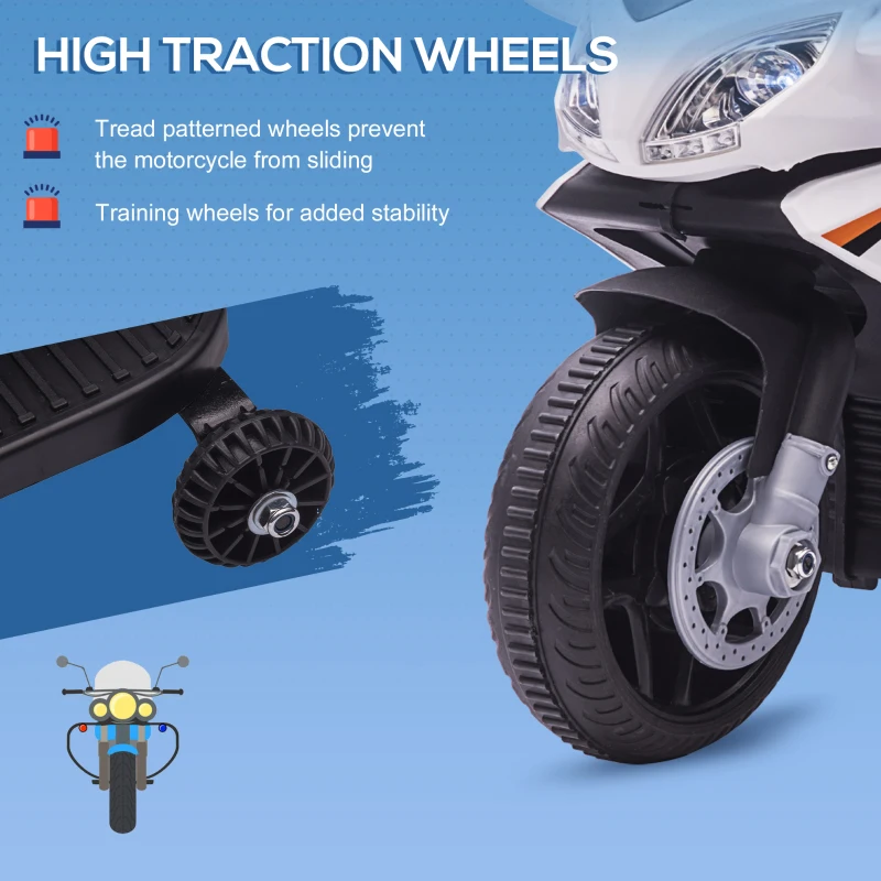 Aosom 6V Kids Motorcycle Police Electric Ride-On Dirt Bike Off-road Street Bike Battery Powered Rechargeable Horn Headlights Training Wheels Realistic Sounds for Girls and Boys 18 - 36 months White